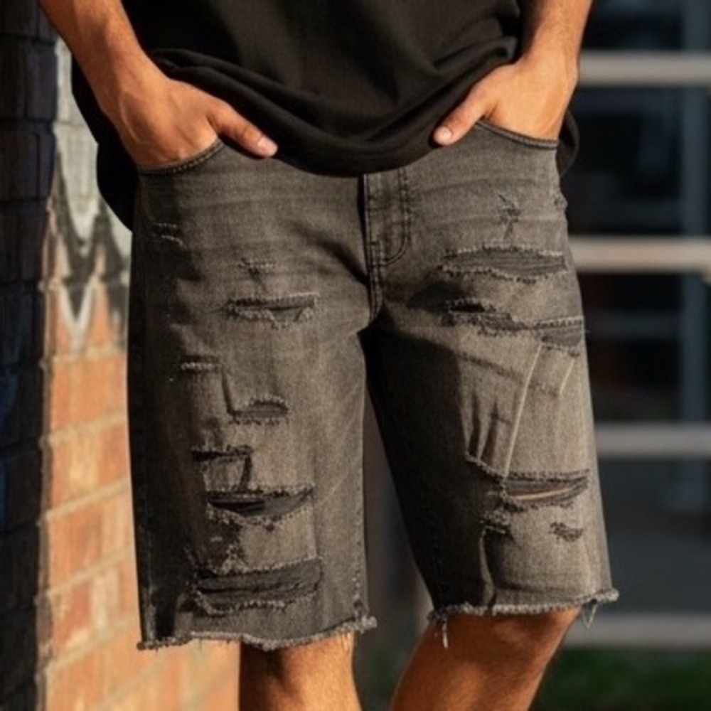 Jordan Craig Mens Distressed Denim Jean Shorts Black Wash Ripped Raw Hem Size 38